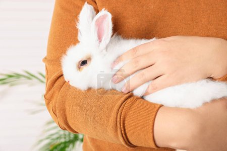 Foto de Hombre con conejo blanco esponjoso, primer plano. Linda mascota - Imagen libre de derechos