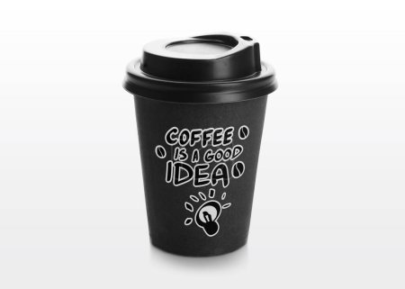 Foto de Taza de papel para llevar con frase impresa El café es una buena idea aislada en blanco - Imagen libre de derechos