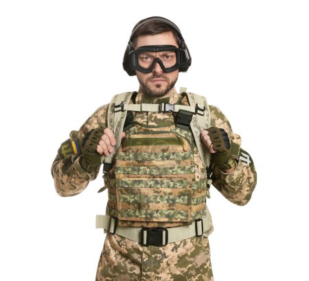 Photo for Soldier in Ukrainian military uniform, tactical goggles and headphones on white background - Royalty Free Image