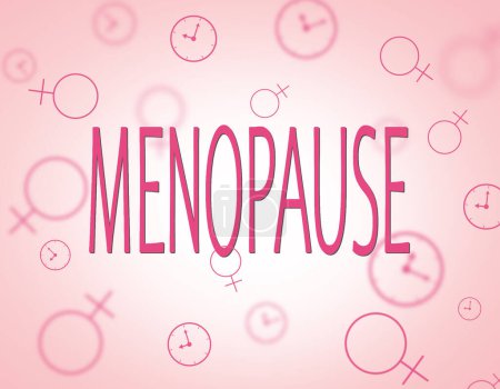 Ciclo menstrual. Palabra Menopausia e ilustraciones de símbolo de género femenino y reloj sobre fondo rosa claro