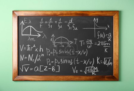 Photo for Chalkboard with many different math formulas on green wall - Royalty Free Image
