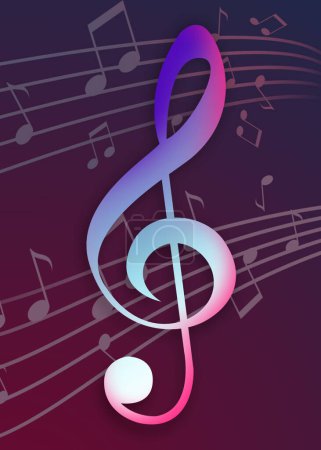 Photo for Golden treble clef and staff with music notes flying on gradient purple background. Beautiful illustration design - Royalty Free Image