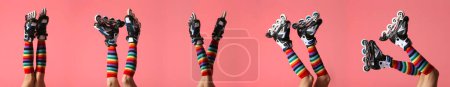 Photos of woman with roller skates on coral background, closeup. Collage banner design