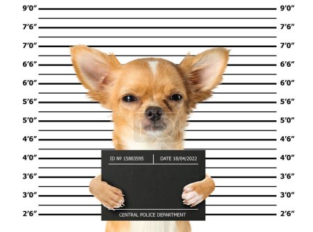 Téléchargez les photos : Arrêté Chihuahua avec mugshot board contre tableau des hauteurs. Photo amusante de criminel - en image libre de droit