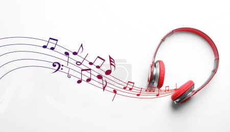 Personal con notas musicales que fluyen de auriculares rojos sobre fondo blanco, vista superior