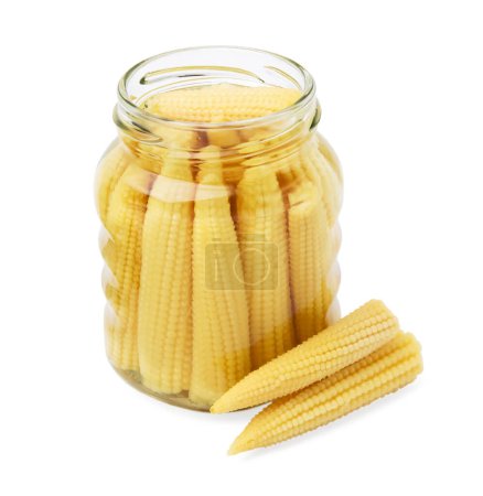 Photo for Jar and pickled baby corn isolated on white - Royalty Free Image