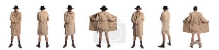 Foto de Collage with photos of exhibitionist in coat and hat on white background. Banner design - Imagen libre de derechos
