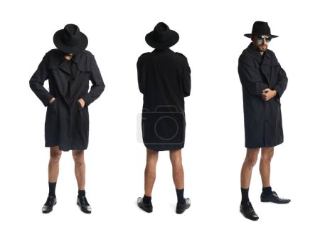 Téléchargez les photos : Collage with photos of exhibitionist in coat and hat on white background - en image libre de droit
