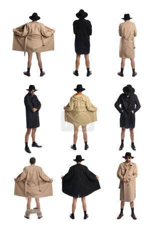 Foto de Collage with photos of exhibitionist in coat and hat on white background - Imagen libre de derechos
