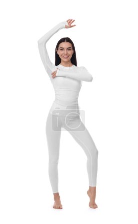 Téléchargez les photos : Woman in warm thermal underwear on white background - en image libre de droit