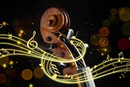 Photo for Staff with music notes and symbols braiding violin head on black background, closeup. Bokeh effect - Royalty Free Image