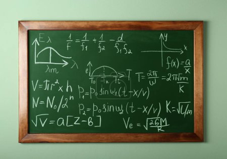 Photo for Chalkboard with many different math formulas on green wall - Royalty Free Image