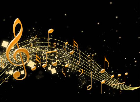 Photo for Staff with music notes and other musical symbols on black background - Royalty Free Image