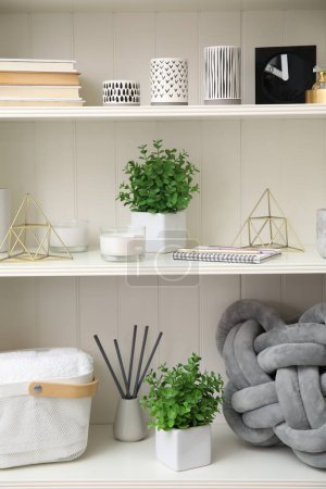 Photo for White shelving unit with plants and different decorative stuff - Royalty Free Image