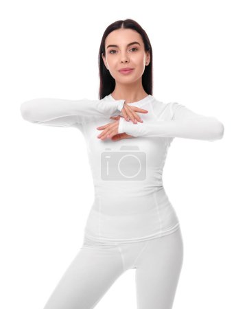 Téléchargez les photos : Woman in warm thermal underwear on white background - en image libre de droit