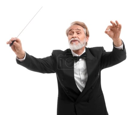 Conductor profesional con bastón sobre fondo blanco