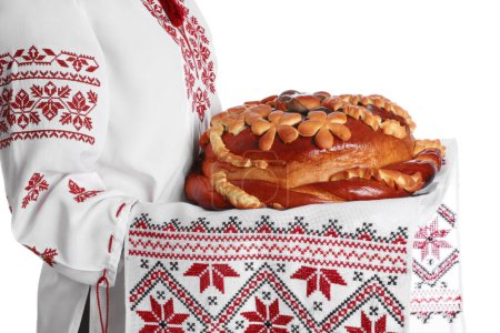 Photo for Woman with korovai on white background, closeup. Ukrainian bread and salt welcoming tradition - Royalty Free Image