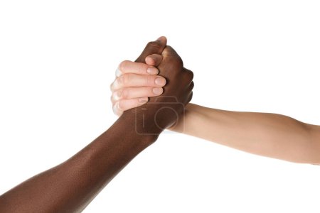 Photo for Woman and African American man clasping hands on white background, closeup - Royalty Free Image
