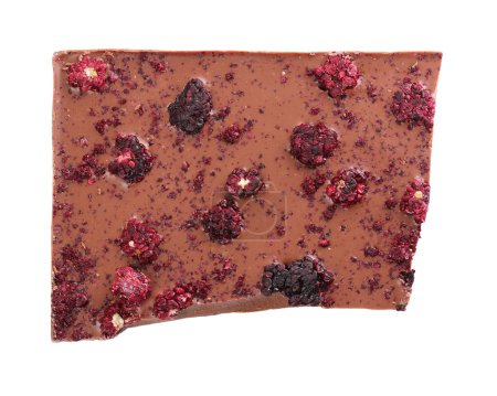 Half of chocolate bar with freeze dried berries isolated on white, top view