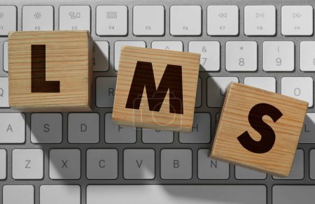 Photo for Learning management system. Wooden cubes with abbreviation LMS on computer keyboard, top view - Royalty Free Image