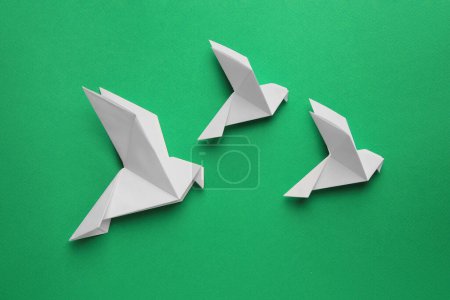 Foto de Hermosas aves de origami blanco sobre fondo verde, plano - Imagen libre de derechos