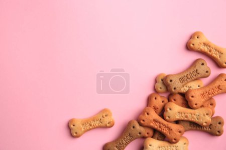 Téléchargez les photos : Bone shaped dog cookies on pink background, flat lay. Space for text - en image libre de droit