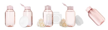 Photo for Collage with bottle of micellar cleansing water on white background - Royalty Free Image