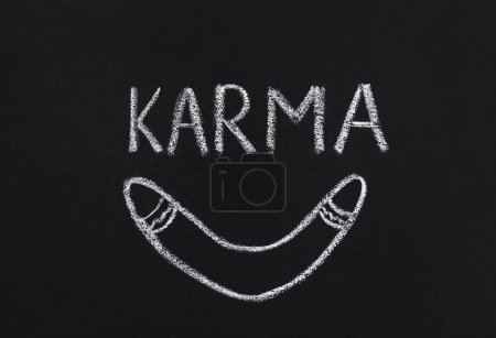 Téléchargez les photos : Drawn boomerang and word Karma written on blackboard - en image libre de droit