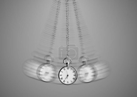 Photo for Hypnosis session. Vintage pocket watch with chain swinging on grey background, motion effect - Royalty Free Image