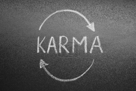 Téléchargez les photos : Drawn circle and word Karma written on blackboard - en image libre de droit