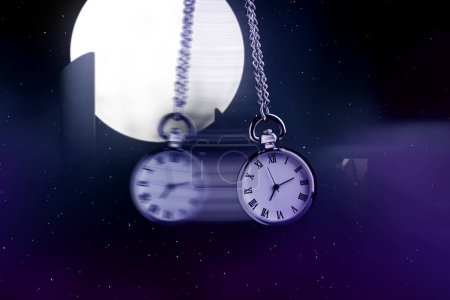 Foto de Hypnosis session. Vintage pocket watch with chain swinging against mystical sky on a full moon, motion effect - Imagen libre de derechos