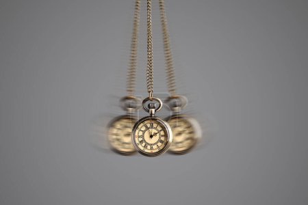 Foto de Hypnosis session. Vintage pocket watch with chain swinging on grey background, motion effect - Imagen libre de derechos