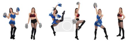 Foto de Collage with photos of beautiful happy cheerleaders with pom poms in uniforms on white background - Imagen libre de derechos