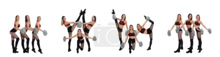 Foto de Collage with photos of beautiful happy cheerleaders with pom poms in uniform on white background - Imagen libre de derechos