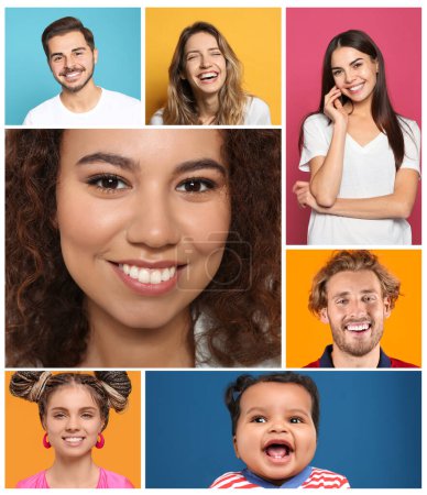 Photo for Collage with portraits of happy people on different color backgrounds - Royalty Free Image