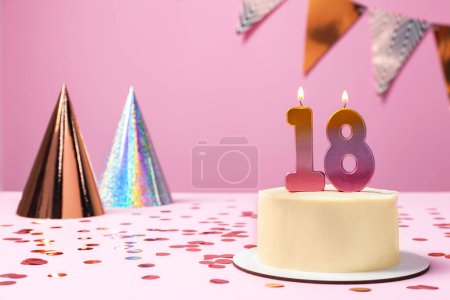 18th birthday. Delicious cake with number shaped candles for coming of age party on table against lilac background, space for text