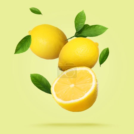Téléchargez les photos : Fresh ripe lemons and green leaves falling on pale light green background - en image libre de droit