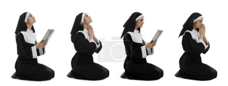 Téléchargez les photos : Collage with photos of young nun praying on white background - en image libre de droit