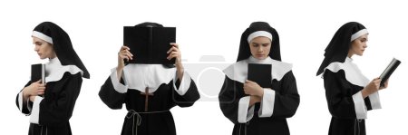 Téléchargez les photos : Collage with photos of young nun holding Bible on white background - en image libre de droit