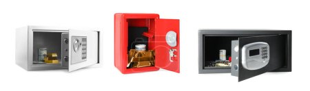 Set of open steel safes with gold and banknotes on white background