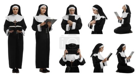 Téléchargez les photos : Collage with photos of young nun holding Bible and praying on white background - en image libre de droit