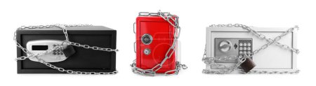 Photo for Set of steel safes with chains and locks on white background - Royalty Free Image