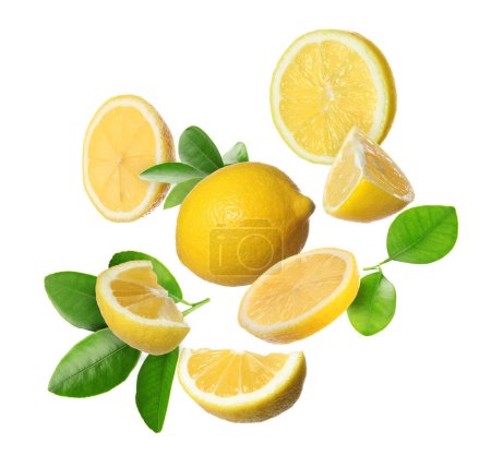 Téléchargez les photos : Fresh ripe lemons and green leaves flying on white background - en image libre de droit