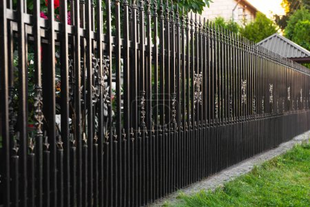 Beautiful black iron fence near pathway outdoors