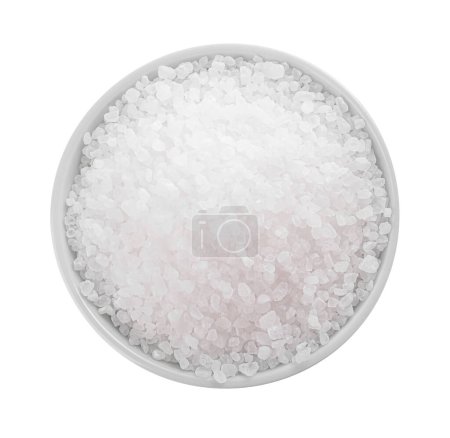 Photo for Bowl with natural sea salt isolated on white, top view - Royalty Free Image