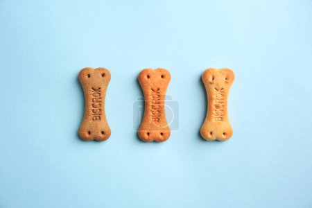 Téléchargez les photos : Bone shaped dog cookies on light blue background, flat lay - en image libre de droit