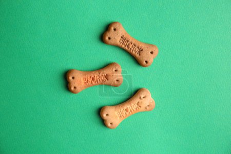 Téléchargez les photos : Biscuits pour chiens en forme d'os sur fond vert, plat - en image libre de droit