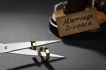 Scissors with wedding rings on blades near gavel and paper card Marriage Divorce against black background, closeup