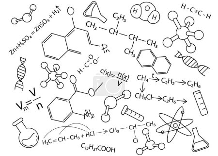 Diferentes fórmulas químicas, reacciones e iconos sobre fondo blanco