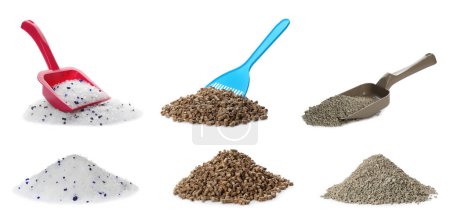 Set with plastic scoops and different cat litters on white background